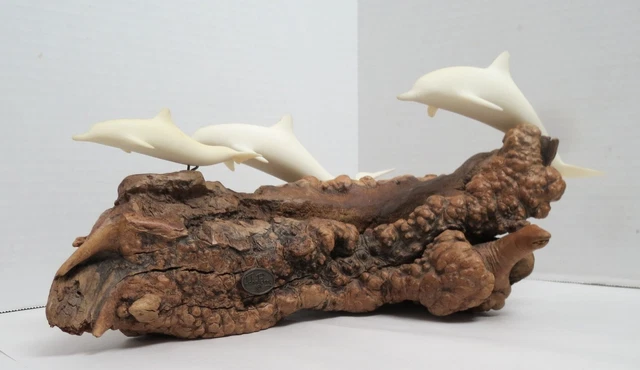 John Perry Dolphins Vintage Collection Pod Of 3 On Burl Wood