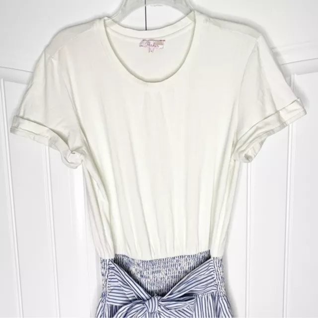 Parker Dress Fleur Combo Dress White Blue Stripe Skirt Bow Medium 3