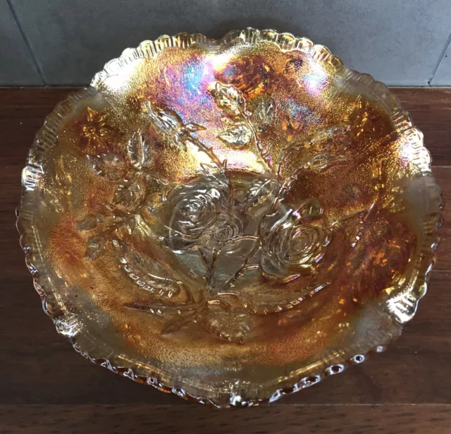 Marigold Carnival Glass Imperial Rose Bowl With Rose On Base