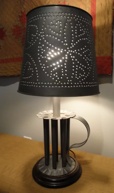 Round Candle Mold Table Lamp w/ Punched Tin Metal Shade