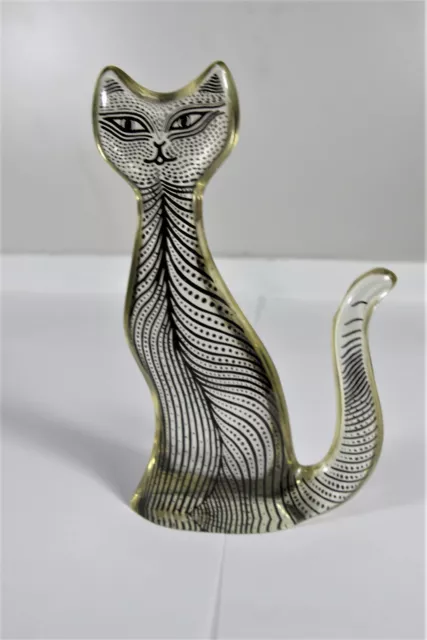 Vintage Mid-Century Made In Brazil Palatnik Lucite Figurine Cat Sticker Label 4"