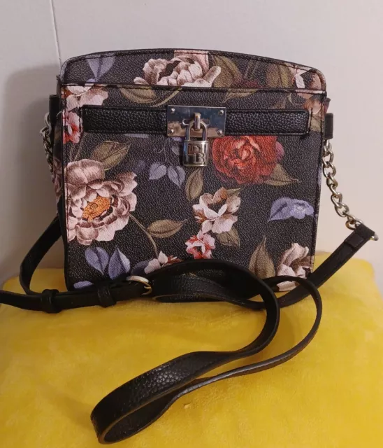 Dana Buchman Black Laux Leather Floral Zipper/Snap Shoulder/Crossbody Handbag