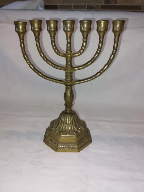 Vtg Hanukkah Menorah Jewish Gold Color Brass Chanukah 7 Candle Holder 7" x 9" VG