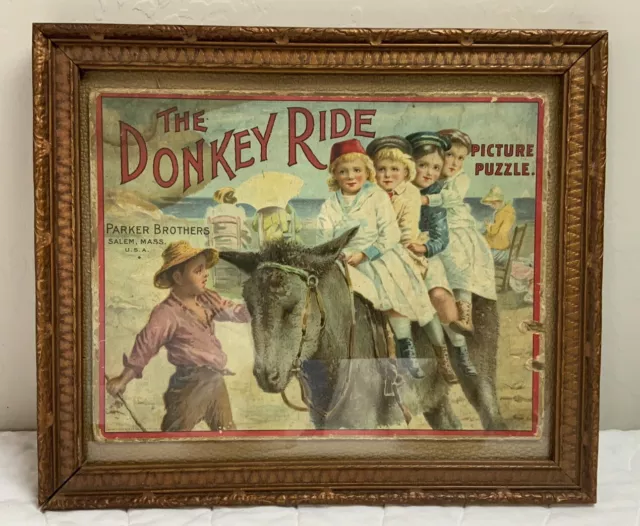 Antique The Donkey Ride Picture Puzzle Cover, Framed, Parking Brothers, Mass