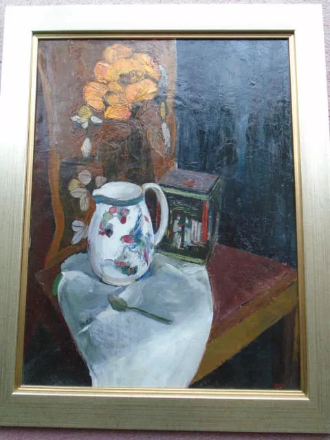 Large Framed Oil on Board Painting Still Life 'Flowers, Jug and Tin'