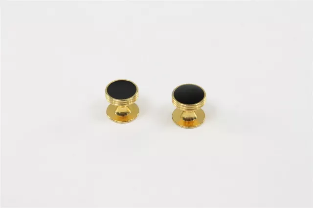 ✅ Set 2 Vintage Mens Tuxedo Shirt Stud Button Round Black Onyx Gold Tone Plate