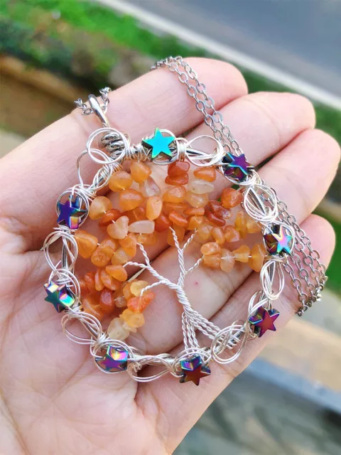 Red Aventurine Gem Tree Of Life Water-Drop Necklace Chakra Reiki Healing Amulet
