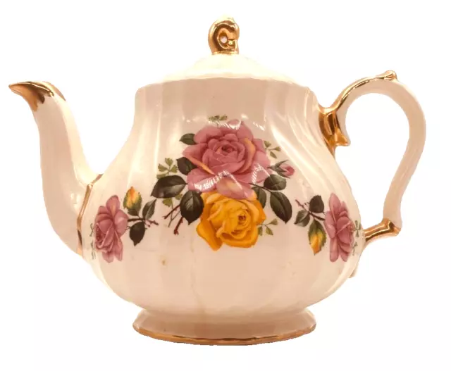 Vintage James Sadler Teapot #3522 Pink & Yellow Roses with Gold Trim