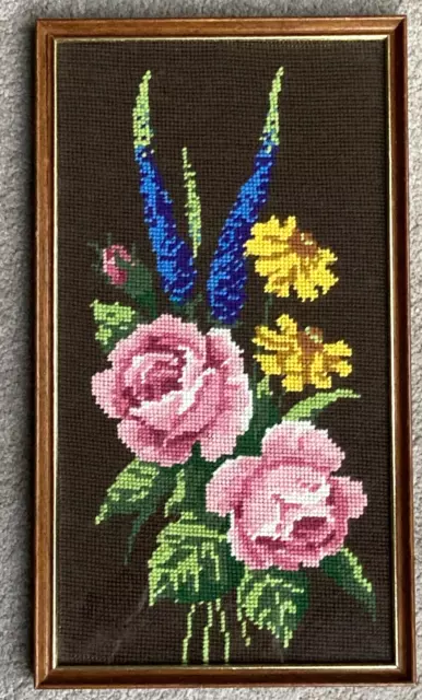 Vintage Embroidery Needlepoint Pink Roses Floral Framed Tapestry, Cottagecore