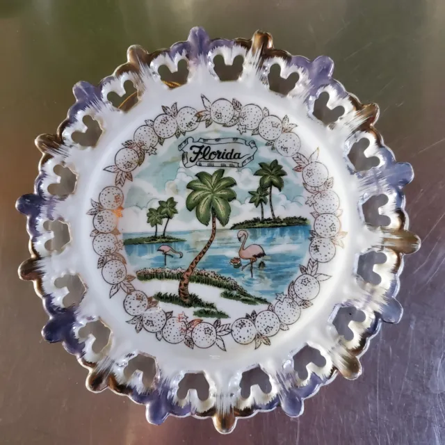 Vintage State of Florida Collector Souvenir Plate White with Blue and Gold Trim