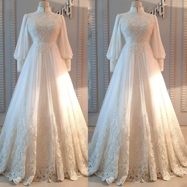 Muslim Wedding Dresses Long Sleeves High Neck Beaded Lace Appliques Bridal Gown