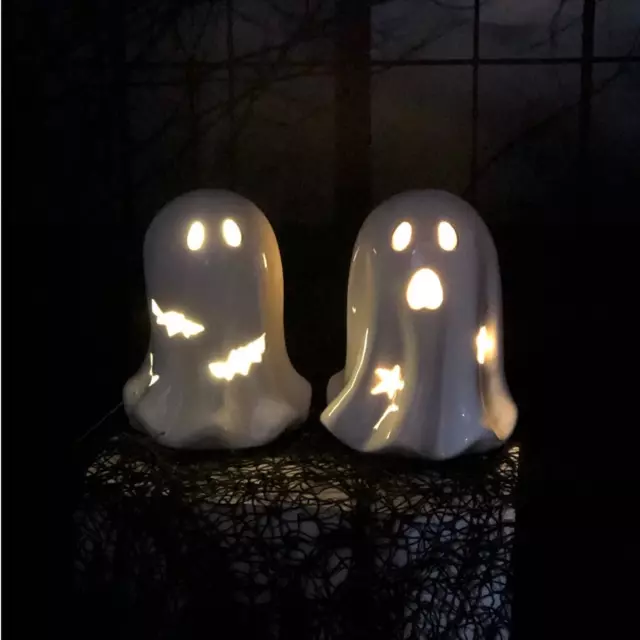 2 Ceramic LED Halloween Ghosts With Bats & Stars Small Light Up Ghost Set New 2