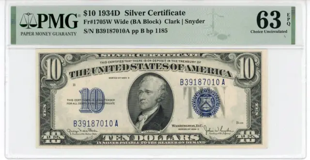 NobleSpirit No Reserve US Fr 1705W 1934D $10 Blue Silver Certificate PMG 63