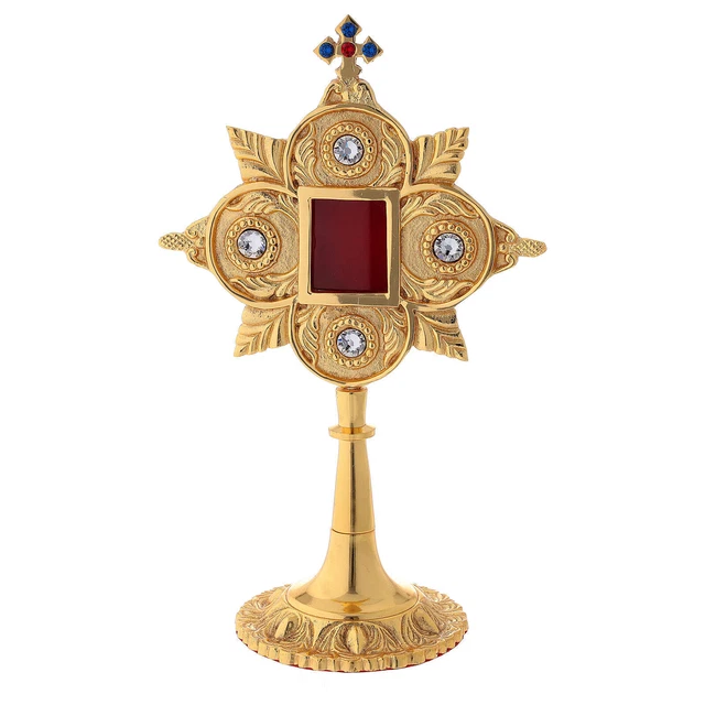 Reliquiario ottone foglia d'oro cristalli teca 4,5x4 cm