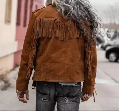 Mens Brown Suede Leather Fringe Jacket, Mens Vintage Western Style Fringe Jacket 2