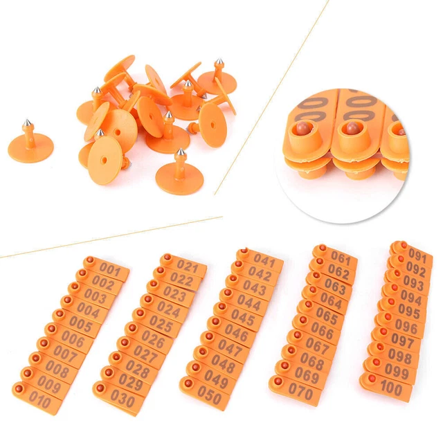 100x Goat Sheep Pig Cattle Beef Plastic Livestock Ear Tag Number Tags Orange