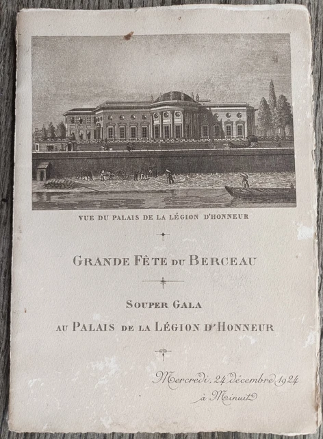 1924 Menu Palais De La Légion D'honneur Fête Du Berceau Souper Gala Noël