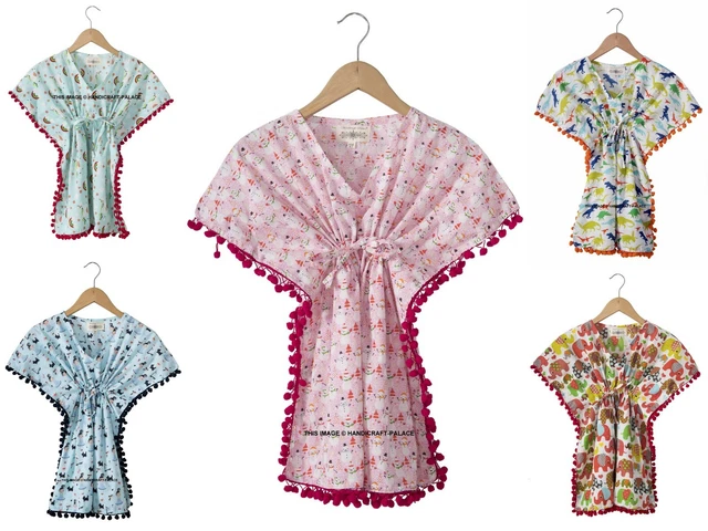 5 PC Lotto Bambine Manica Corta Abito Caftano Spiaggia Top Stile Kimono Cotone
