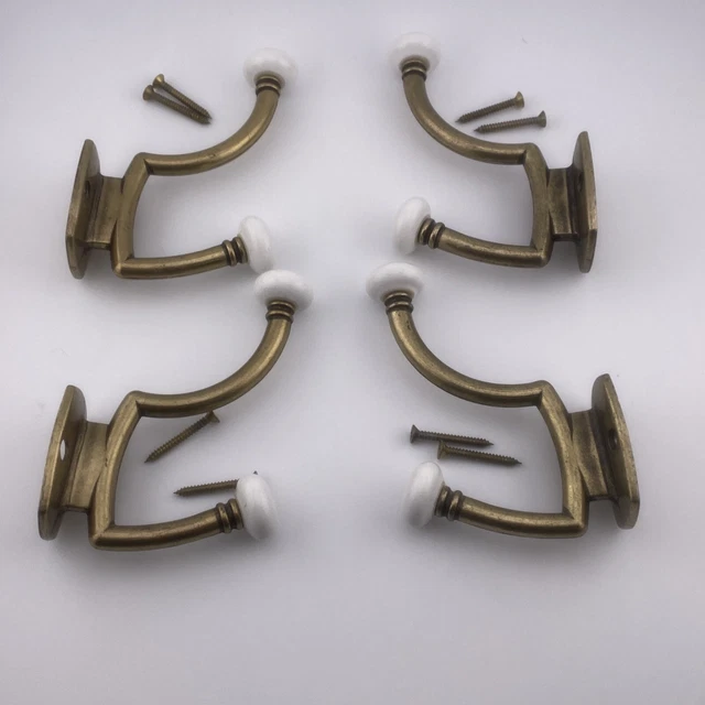 4 Vintage Brass Porcelain Knob Double Hook Wall Hangers With Screws