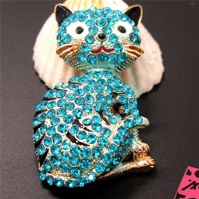 New Betsey Johnson Blue Bling Rhinestone Cute Cat Crystal Charm Brooch Pin