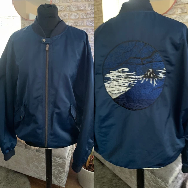 Zara Man Satin Bomber Jacket Navy Embroidered Xl Mhi Style Boyfriend