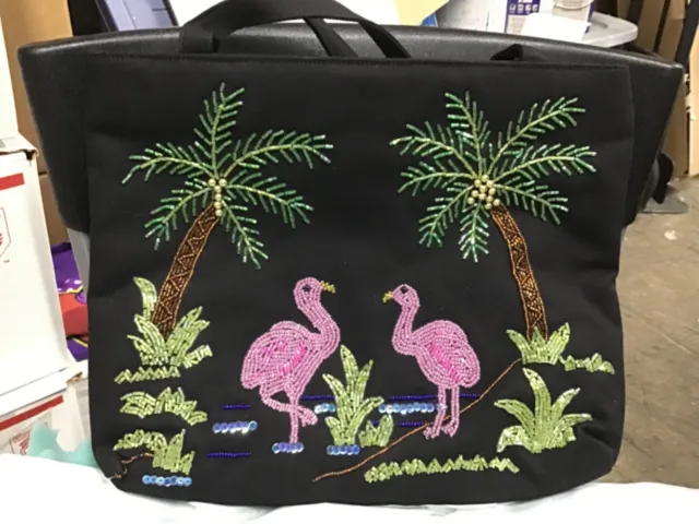 Beaded pink flamingo black bag purse 12 1/2” x 10”