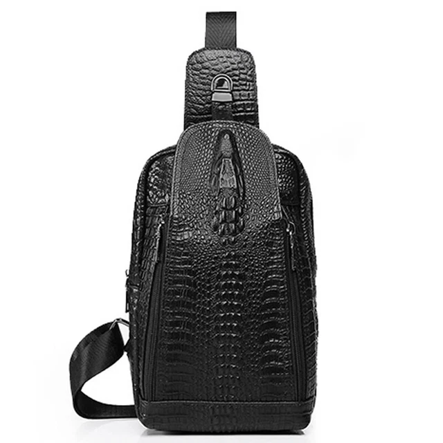 Men's Genuine Leather Crocodile Pattern Crossbody Bag Sling Backpack for Hiking