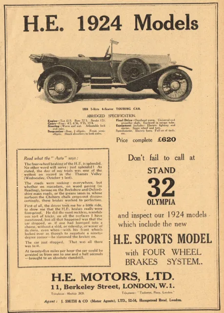 1923 Original Vintage He Motors 1924 Touring Automobile Car Photo Art Print Ad