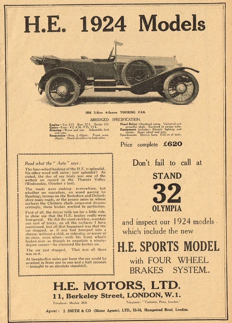 1923 Original Vintage He Motors 1924 Touring Automobile Car Photo Art Print Ad