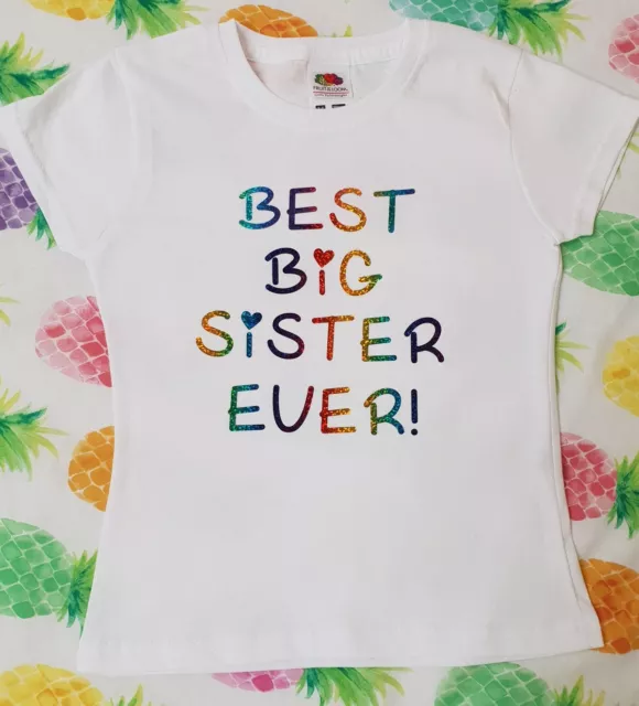 Best Big Sister Ever Girls Top T-shirt Outfit Gender Reveal party GIFT Glitter