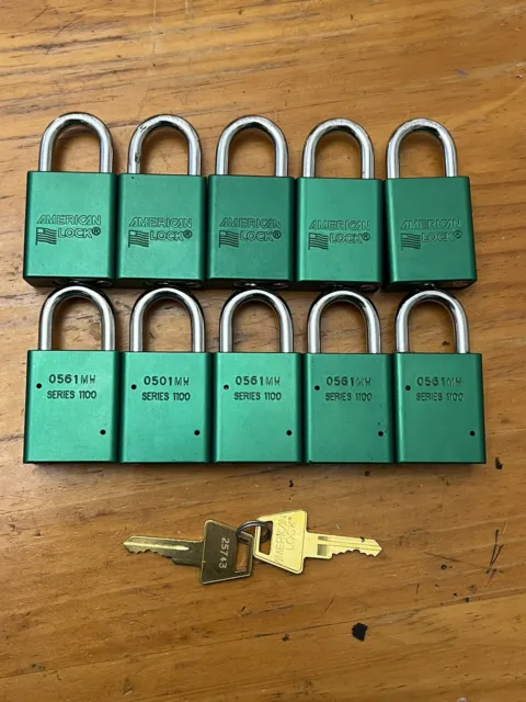 American Lock Company Series 1100 Green Padlocks Lot Of 10 Keyed Same W/ 2 Keys