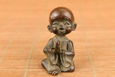 Chinese Bronze Buddha Monk Boy Blessing Statue Table Decoration Figurines 2.3 in