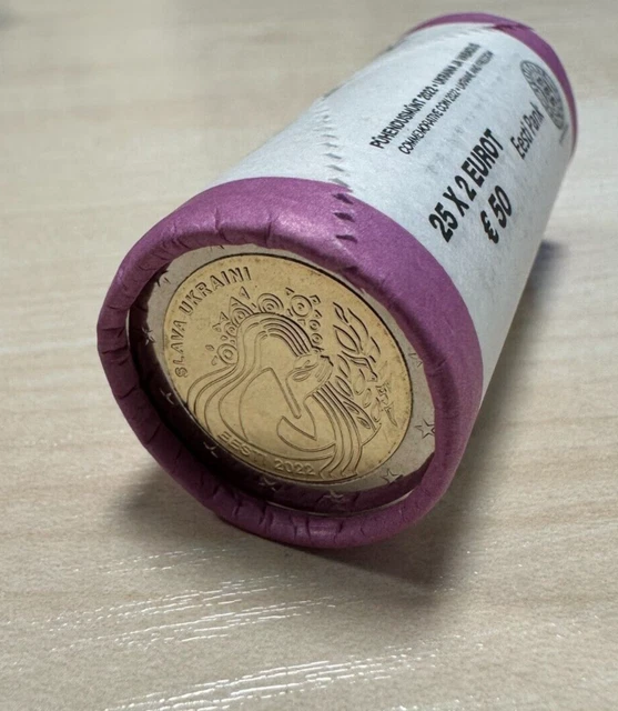 Estonia 2022 UNC ROTOLO DI MONETE DA 2 EUR -25 monete "SLAVA UKRAINI -...