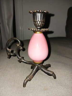 Antique Candlestick Claw Foot Chamberstick Figural Cast Iron Pink Glass
