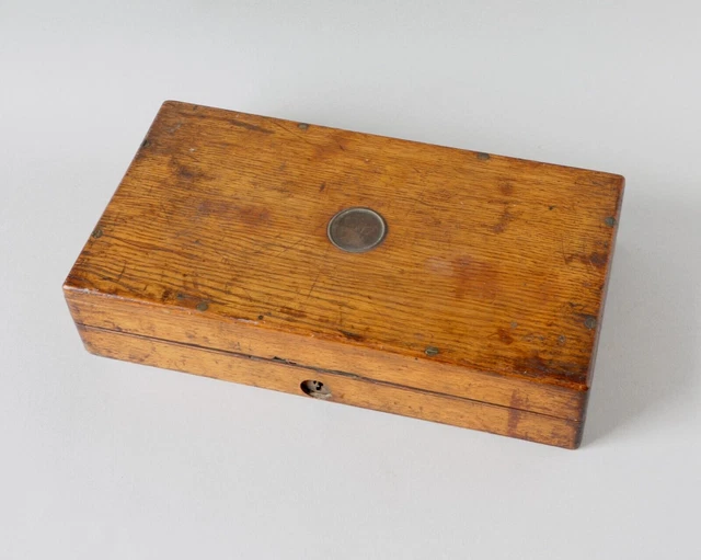 ANTIQUE PISTOL CASE Oak Revolver Adams Tranter Webley Eley Powder Flask ...