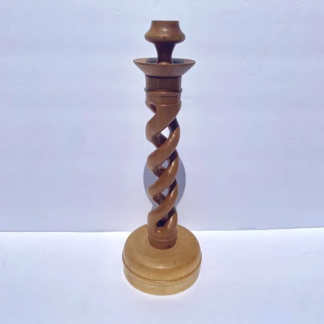 Antique 12” OAK BARLEY TWIST Hand Turned Wood  2-Toned Candle Holder Candlestick