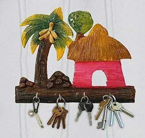 Handmade Wooden Crafted Hand Painted cocunut hut Art Key Holder Hanging Hooks
