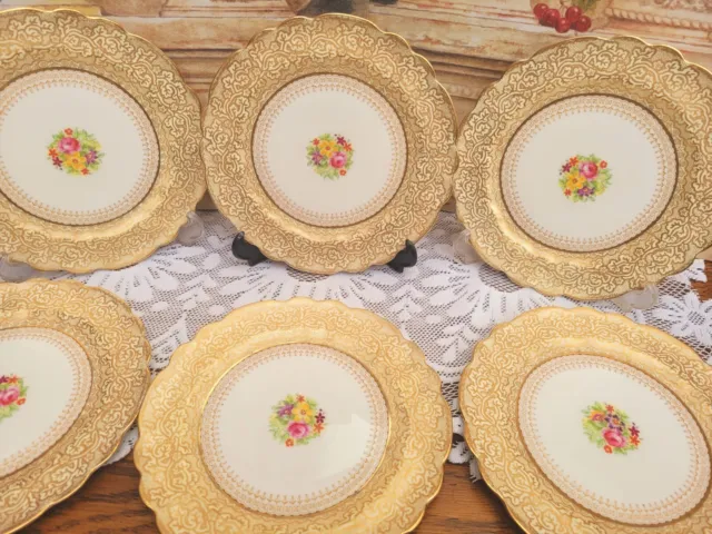 George Jones Crescent China 6 Dessert Cabinet Plates Gold Lace Painted Flowers