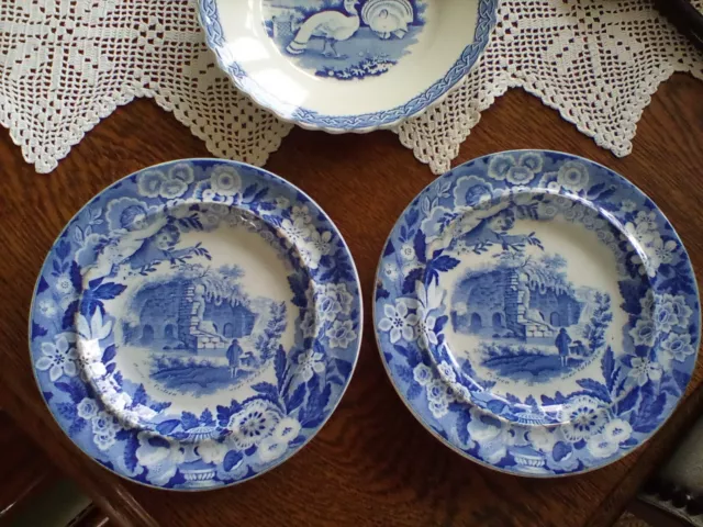 2 Antique Pottery pearlware Don Pottery Italian views blue white transferware