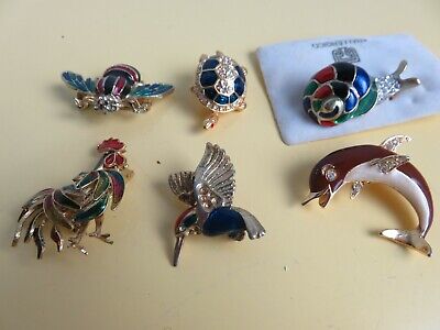 lotto 6 spilla ottone o argento GALLO DELFINO COLIBRI LUMACA TARTARUGA MOSCA di 