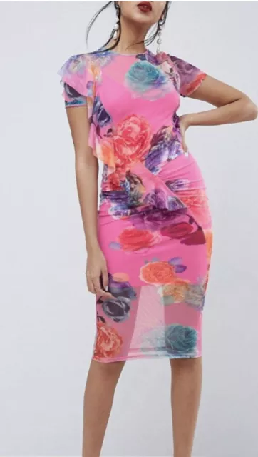 ASOS Pink Floral Printed Mesh Midi Dress With Frill illusion Detail SZ US 4 SEXY