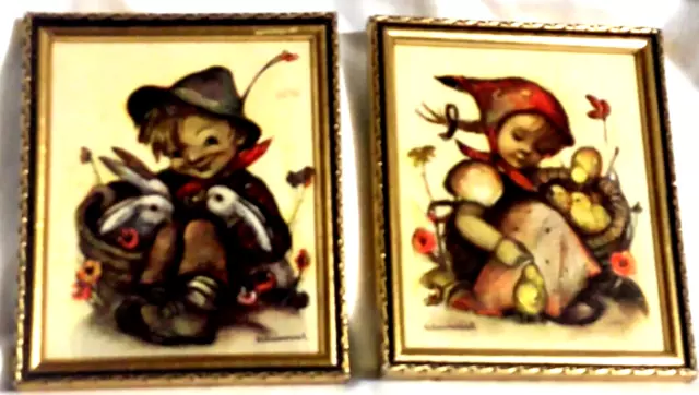 2 Framed Hummel Prints VTG Children Ducks Chicks Rabbits Bunnies Made in Germany