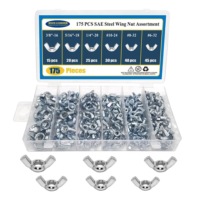 175 PCS Wing Nuts Fasteners Butterfly Wing Nuts SAE Steel Wing Nut Assortment Ki