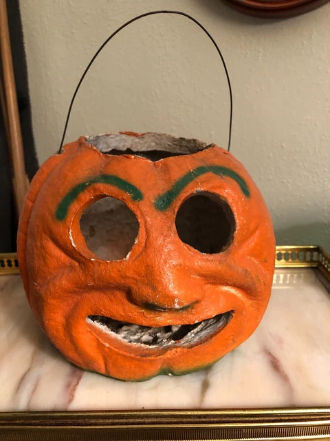 VINTAGE HALLOWEEN PAPER mache pulp pumpkin Lantern, Candy 40's $151.38