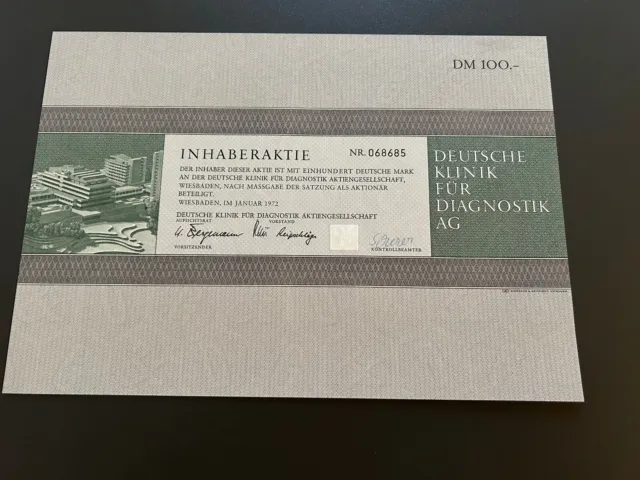 Inhaberaktie Deutsche Klinik für Diagnostik AG 100 DM 1972