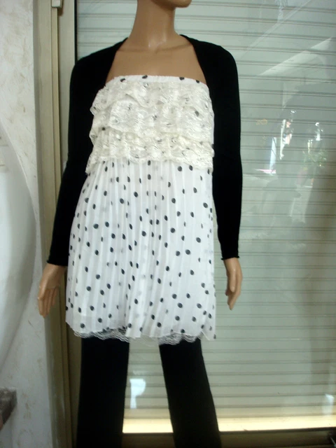 Robe Tunique Blanche à Pois Noirs Dentelle BUSTIER - Taille 36/38 Neuve