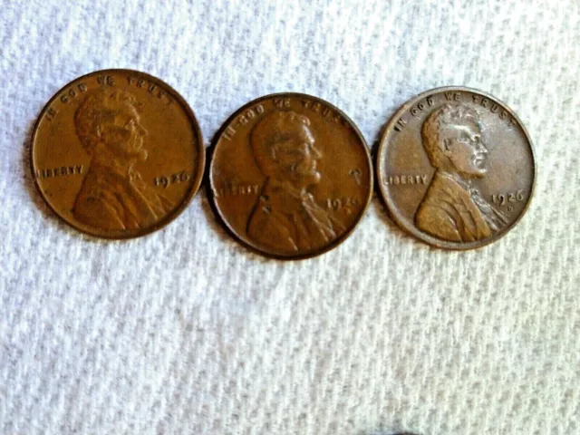 1926-P 1926-D 1926-S Lincoln Wheat Cent Penny Set, 3 Coins Lot