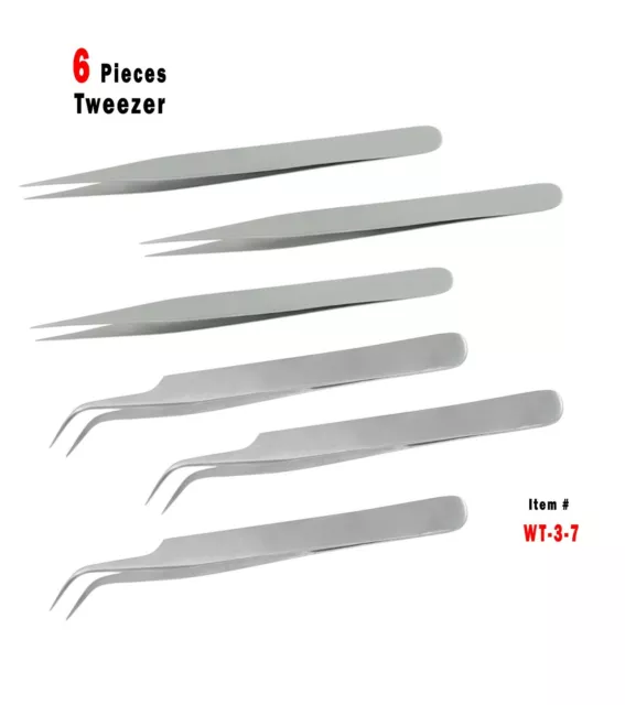 6 Pcs Eyelash Extension Tweezers Straight & Curved Stainless Steel Ideal for Lab