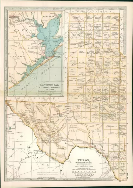 1903  Large Colour Map TEXAS Western Part GALVESTON HOUSTON AND VICINITY (EB81)
