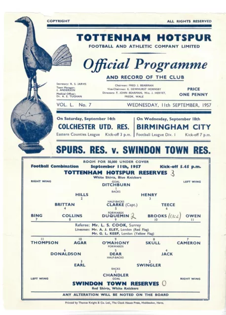 TOTTENHAM v SWINDON TOWN RESERVES 1957/58 Spurs Official Match Programme